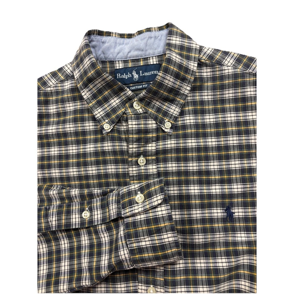 Ralph Lauren Oxford Shirt Men L Green Yellow Plaid Custom Fit Long Sleeve Button